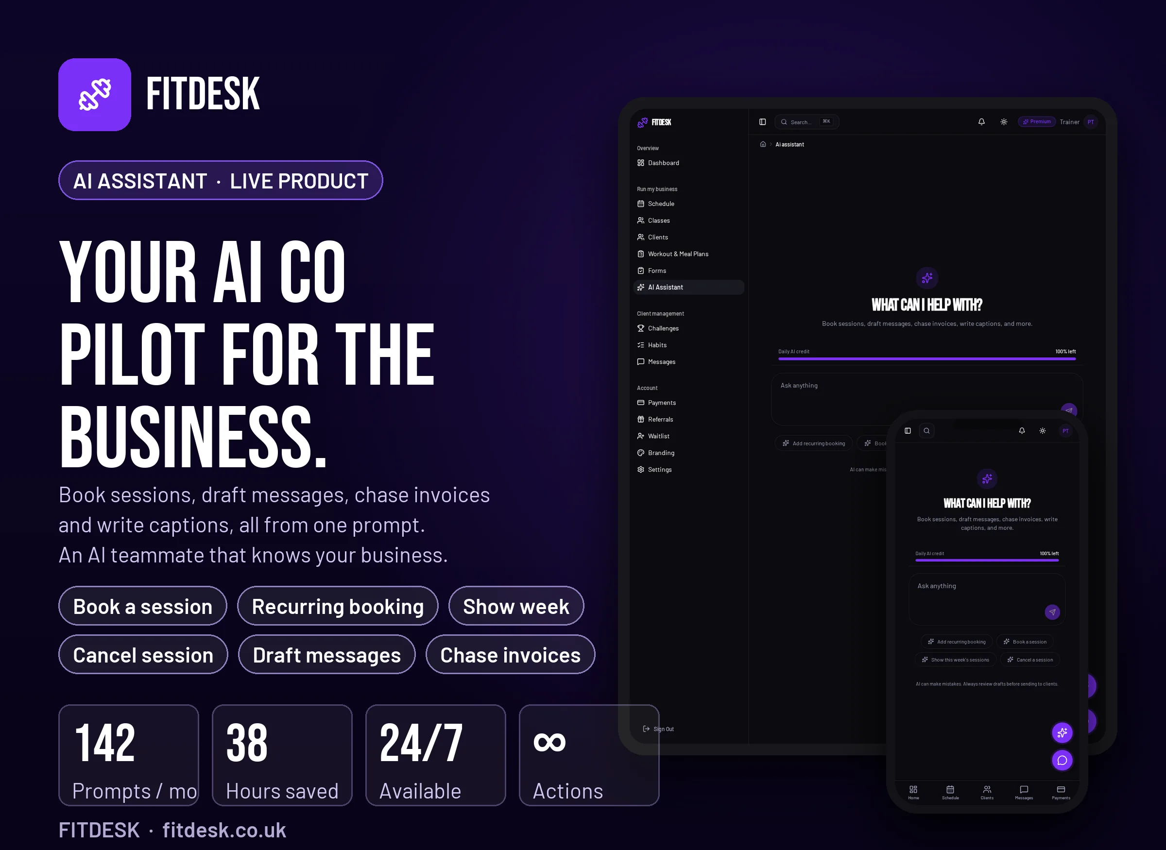 FitDesk AI Assistant that books sessions, drafts messages and chases invoices from one prompt