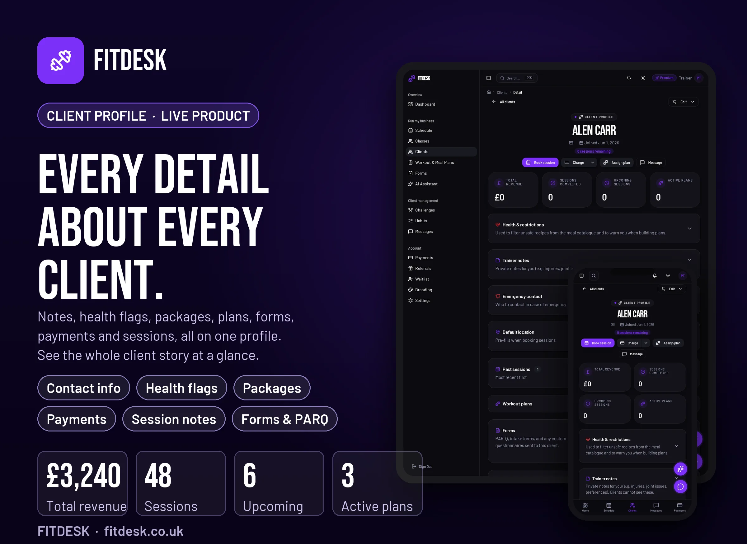 FitDesk client profile showing contact info, goals, injuries, measurements, payments and PARQ