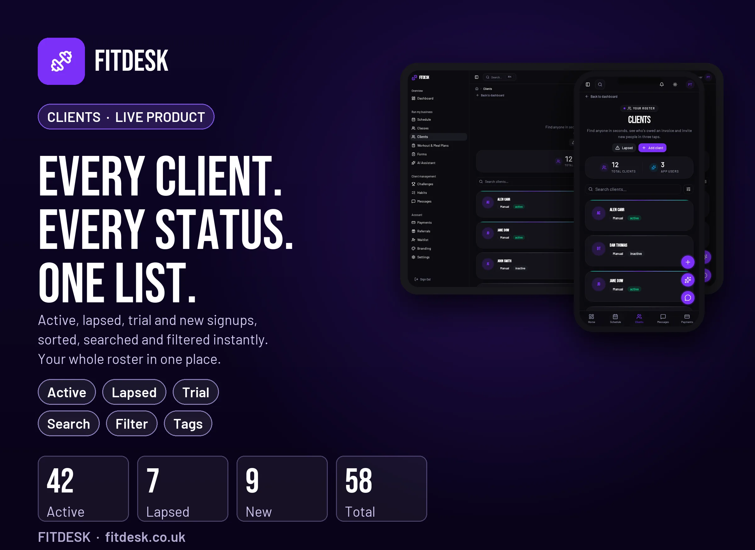 FitDesk clients management showing active clients and new signups