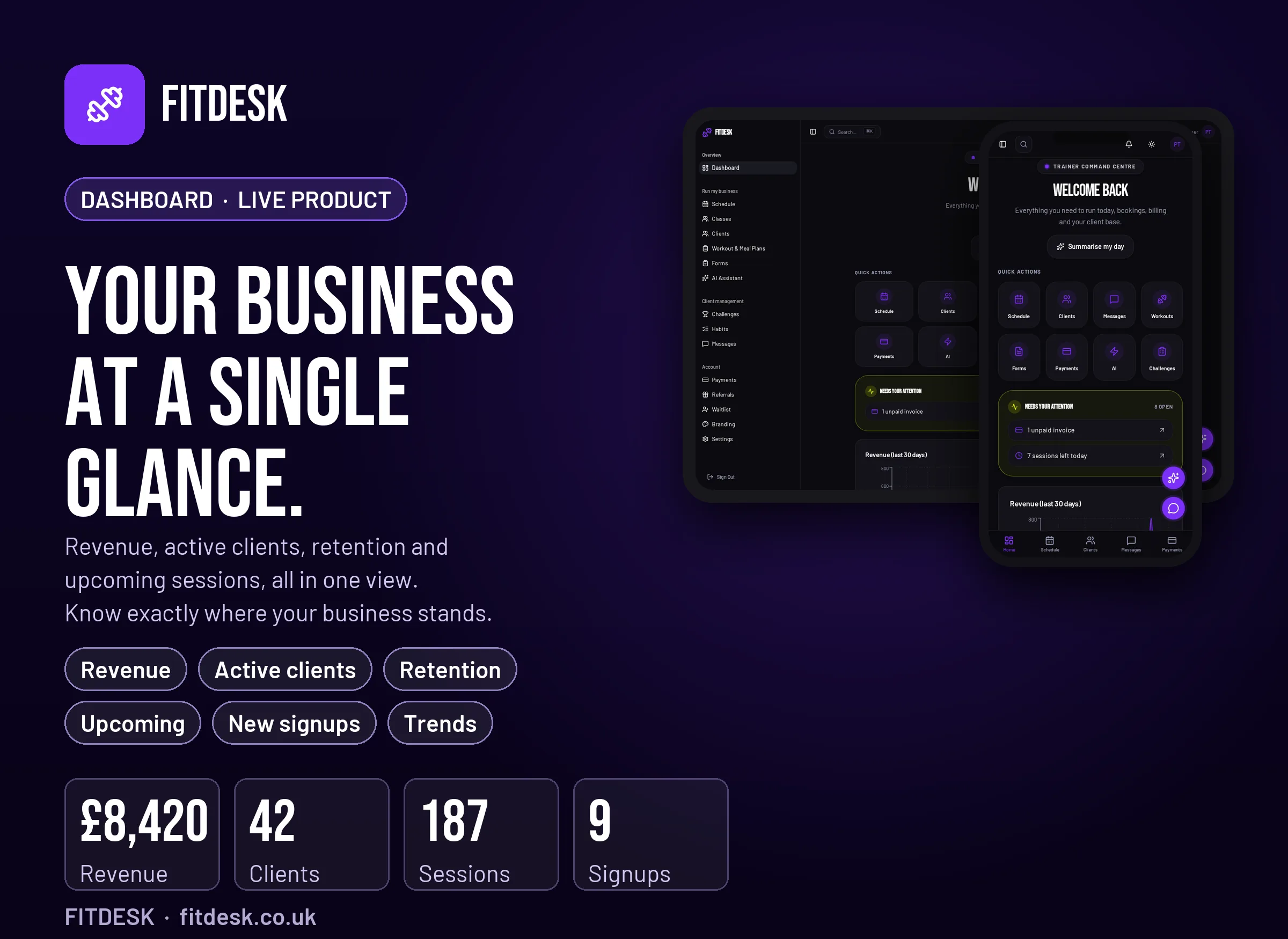 FitDesk trainer dashboard with revenue stats, active clients and retention metrics