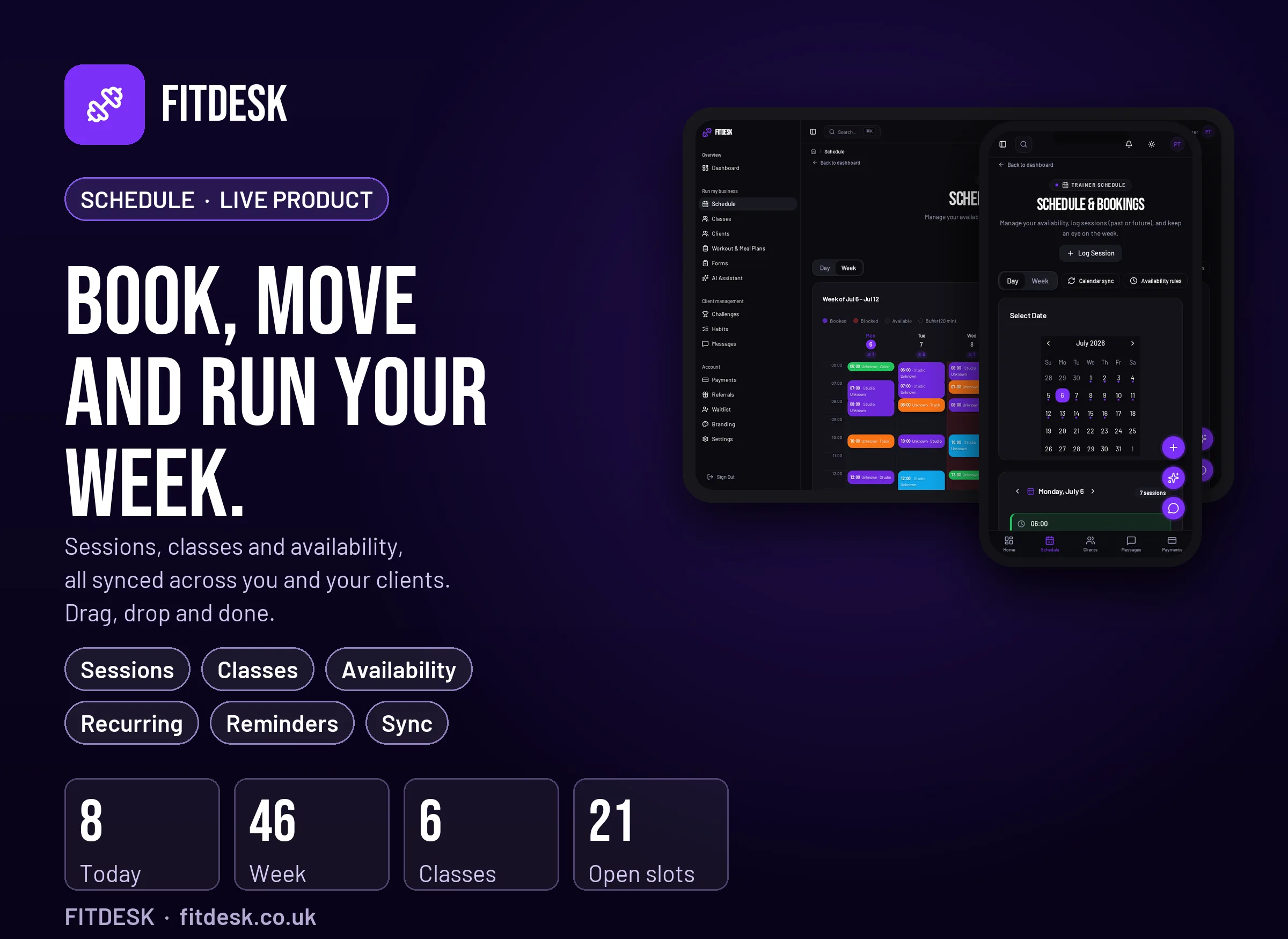 FitDesk calendar scheduling with session bookings