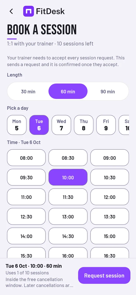 FitDesk client app booking screen (sample data)