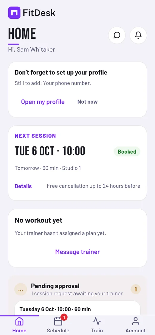 FitDesk client app home screen (sample data)