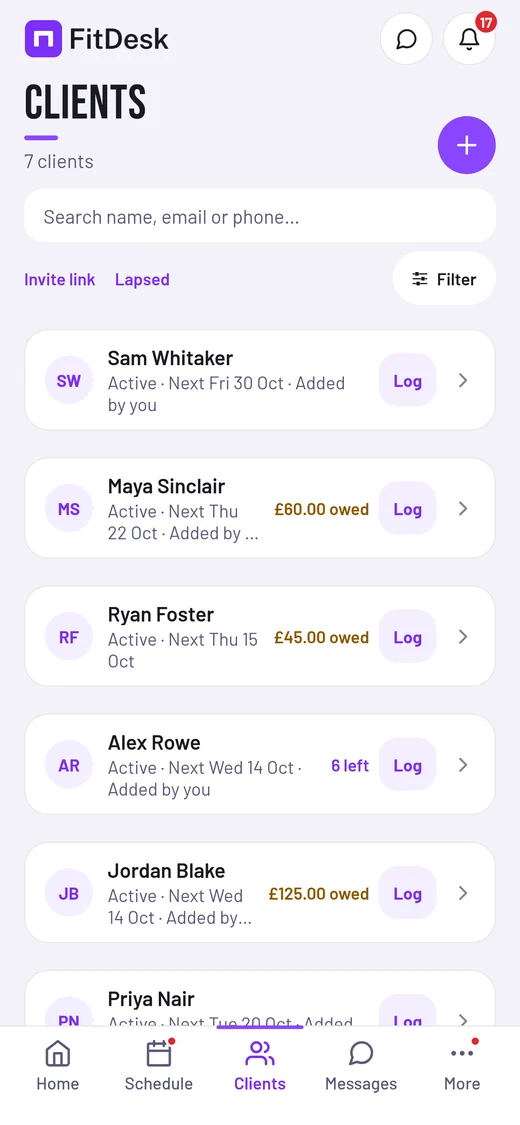 FitDesk trainer app Clients screen (sample data)