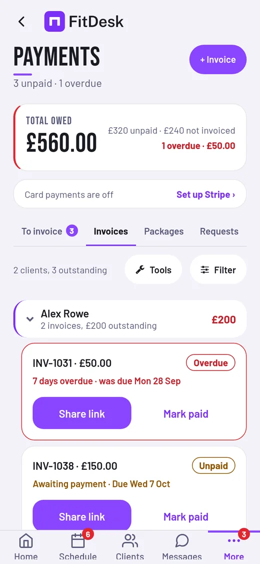 FitDesk trainer Payments screen showing total owed and overdue invoices (sample data)