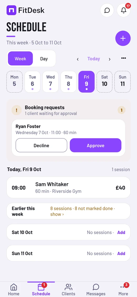 FitDesk trainer app Schedule screen (sample data)